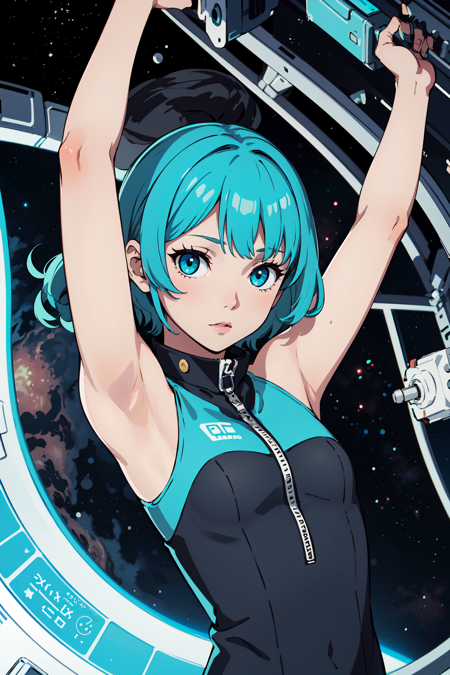 05786-1806915495-(best quality_1.2), 1girl, (close up, arms up, __, aqua hair, very short hair, curly hair, okappa, flat_chest, space station),.png